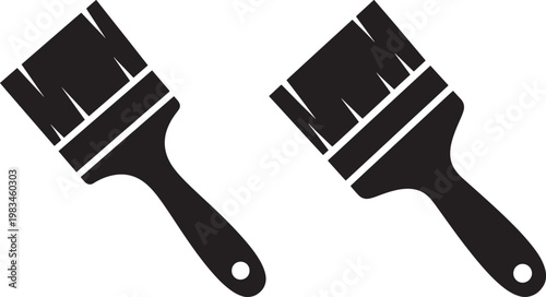 Two black silhouette paint brushes with handles painting renovation equipment application instrument silhouette isolated illustration background brushstrokes container creation