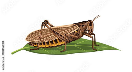 A realistic vector illustration of a brown grasshopper with detailed wing textures standing firmly on a vibrant green leaf over a clean white background.