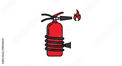 Red fire extinguisher sprays flame