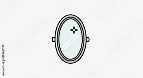 A stylized oval mirror with a silver rim reflects a sparkle