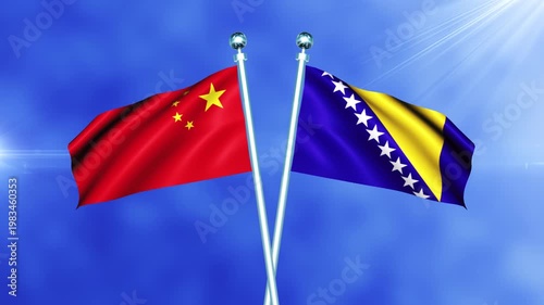 China and Bosnia and Herzegovina Flag Waving On Pole Loop