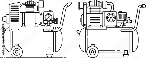 Line art illustration of two portable air compressors with compressor equipment industrial mechanical portable construction workshop maintenance pneumatic pressure illustration instrument