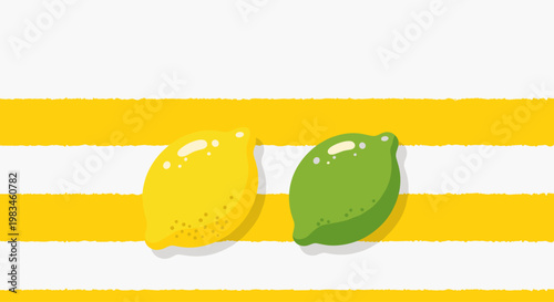 Lemon and lime on striped beach towel summer flat lay minimal illustration