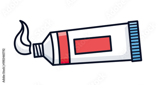 A white and red tube with blue cap, extruding white paste