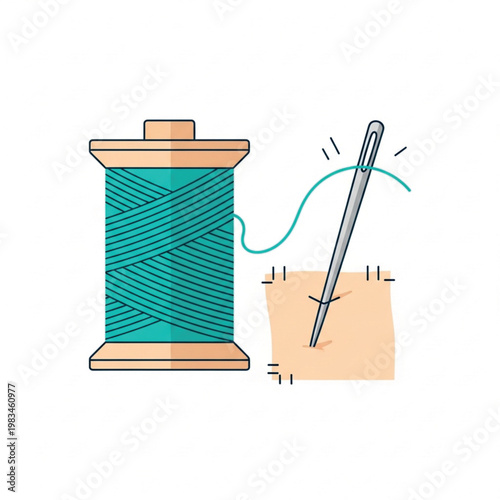 Illustration of a spool of turquoise thread and a needle with thread stitching a patch