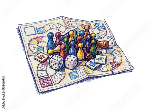 Board game set with dice and tokens grouped together forming social offline activity object for digital-free time in expressive