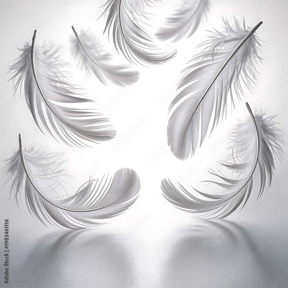 Fototapeta premium Beautiful white feathers floating gently in air isolated on white background