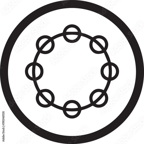 Premium Black & White Tambourine Vector Icon with Circular Frame & Jingles – Perfect for Music, Entertainment, Party, Event, Branding, Apparel, Merchandise, Social Media, Web Design, UI/UX