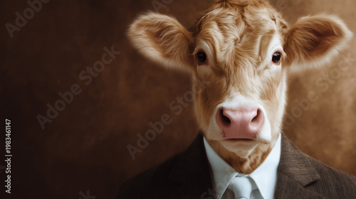 Cow in suit portrait for business concept, formal attire, professional appearance, animal industry, humorous corporate image, tie and jacket, farm to office theme