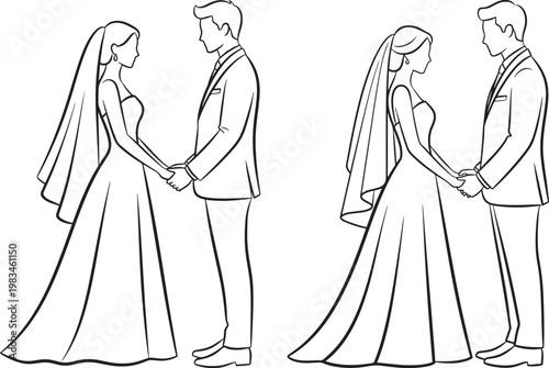 Line drawing of a bride and groom holding hands on their wedding day with line art white background people in love wedding planning marriage together celebration ceremony romantic commitment