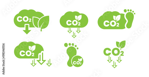 Carbon Neutral and CO2 Reduction Icon Set with Green Leaves and Footprint Symbols for Ecology Design