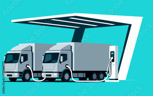 Flat Vector Dedicated Electric Truck Charging for Modern Logistics Facility. Optimized for logistics real estate development, architectural visualization, and ecommerce fulfillment center planning