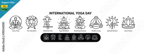 International Yoga Day icon set including lotus pose meditation, sun salutation yoga flow, breathing exercise, mindfulness practice, spiritual symbol, and healthy yoga lifestyle. outline icon set