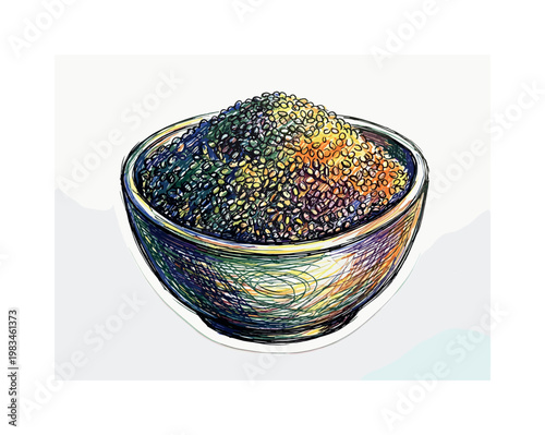 Bowl of chia seeds with small rounded grains forming nutrient-rich superfood ingredient with dense granular texture in expressive