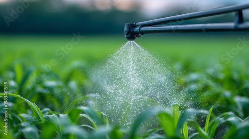 Irrigation sprinkler waters a lush field of crops, spraying a fine mist over green rows in an outdoor agriculture scene at daylight
