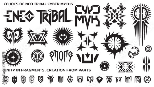 Echoes of Neo Tribal Cyber Myths: A collection of stylized tribal symbols and abstract designs, evoking futuristic and mythological themes, creating a sense of ancient yet modern visual language.