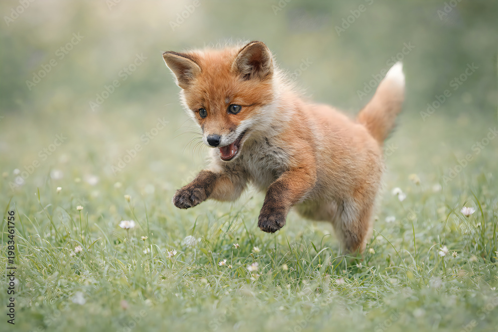 Fototapeta premium Red fox cub standing in grass wildlife portrait