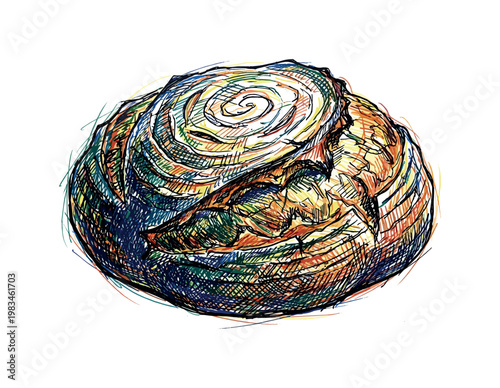 Loaf of rustic bread with scored crust forming artisanal farm-to-table food object with textured surface in expressive vibrant