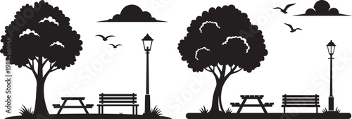 Black and white silhouette illustrations of park scenes with trees benches lampposts picnic table city park public space tree shape bench icon street light silhouette lamppost illustration