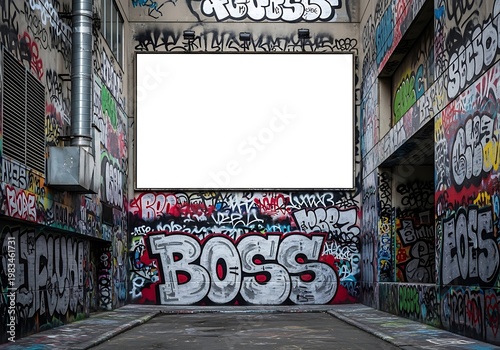 Urban graffiti tunnel with bold boss tag on brick wall in dim lighting