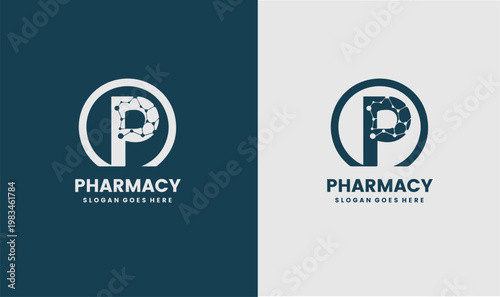 Pharmacy logo design template with molecular structure and circle