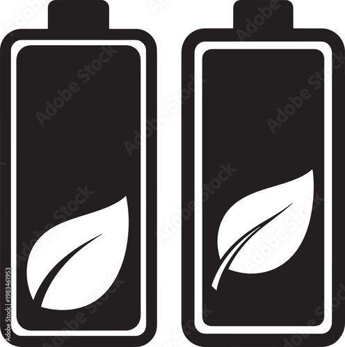 Two battery icons with a green leaf inside representing energy and environment illustration renewable electric technology conservation efficient alternative resource electricity