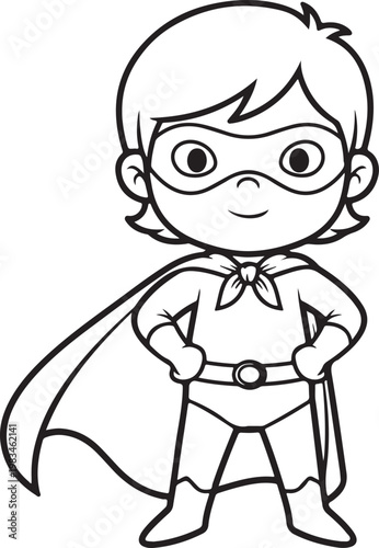 A cartoon superhero boy with a cape and mask standing confidently vector illustration