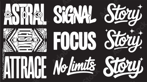 Typography design for Story: A modern design composition, with a curated selection of words such as Story, Signal, Focus, No limits showcases the beauty of typography.