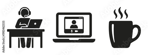Modern black silhouette icons depicting remote work, online video calls, and a comforting hot beverage. Ideal for websites, presentations, and apps related to WFH and digital communication.