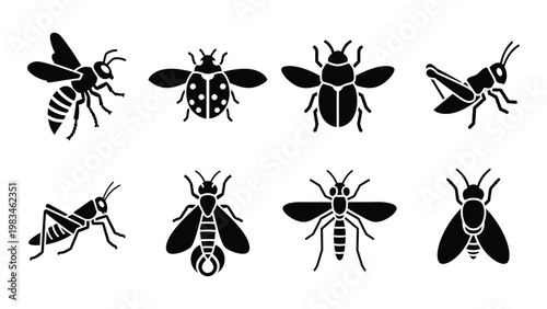 A collection of black silhouette icons depicting various insects including bees wasps and grasshoppers high quality