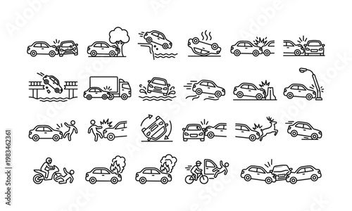 Comprehensive collection of line art icons illustrating various car accidents, crashes, and road incidents. Perfect for insurance, safety, and legal content.