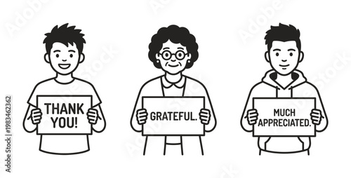 Diverse cartoon people express gratitude with signs saying 'Thank You', 'Grateful', and 'Much Appreciated'. Ideal for thank you notes, customer service, and appreciation concepts.