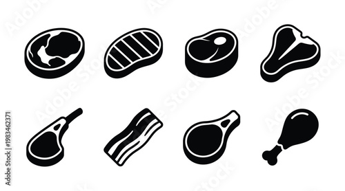 Vector illustration featuring various meat cuts like steak, bacon, and chicken drumstick. Clean, modern, simple design, perfect for food-related graphics, restaurant menus, or butcher shop branding.