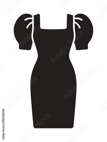 Stylish black dress icon featuring a square neckline and trendy puffy sleeves, ideal for fashion websites, apps, e-commerce, or clothing design projects. Elegant and modern.