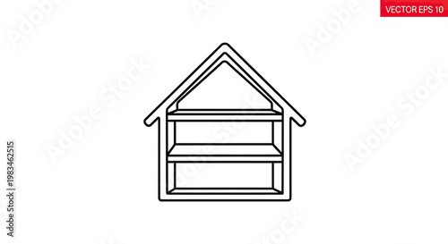 A line drawing depicts a simple house shape with two internal shelves
