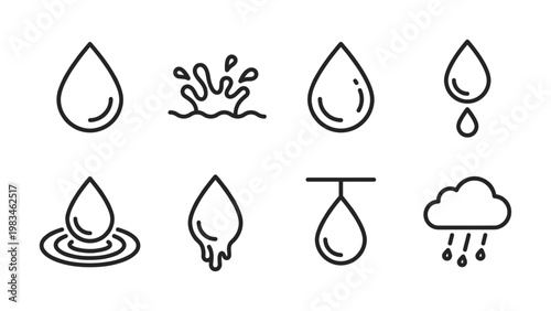 A collection of minimalist line icons depicting various water states like drops, splashes, and rain. Ideal for themes of hydration, purity, nature, and environmental concepts.