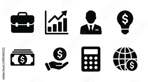 A versatile collection of essential business and finance vector icons on white. Perfect for digital projects, presentations, and illustrating concepts like growth, investment, and global commerce.