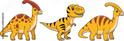 Cartoon Dinosaurs with Colorful Patterns and Friendly Expressions for Kids and Fantasy Designs