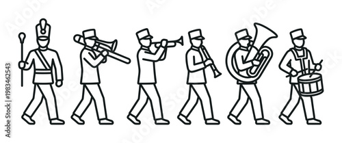 Black and white line art illustration of a marching band ensemble in uniform, playing various instruments. Ideal for educational resources, music events, or graphic design projects.