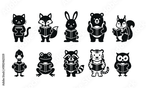 Ten adorable black animal characters immersed in reading books, ideal for promoting education, learning, and storytelling for kids. Clean vector illustration.