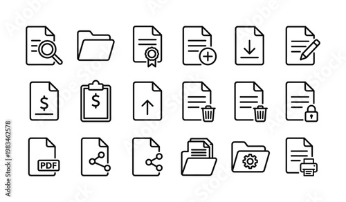 Collection of minimalist line icons representing file operations, storage, and sharing. Perfect for tech, business, and UI design.