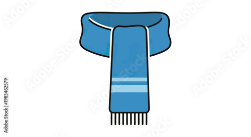 A blue scarf with fringe and striped pattern is displayed vertically