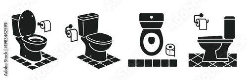 Four clean, simple black vector icons illustrate different toilet styles with toilet paper, ideal for signage, hygiene apps, or plumbing service advertisements.