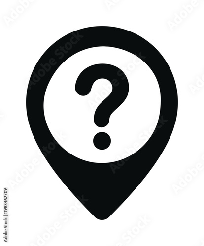 Simple black and white question mark inside a location pin icon. Represents query, help, unknown spot, or information needed. Ideal for digital interfaces, navigation, FAQs.
