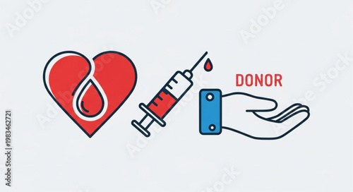 Blood donation concept with heart syringe and hand.