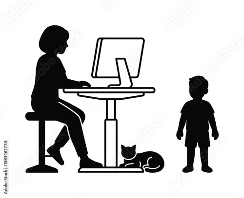 Illustrative silhouette capturing work-life balance: woman working at computer, child, and cat. Ideal for articles on remote work, family, and home office challenges.