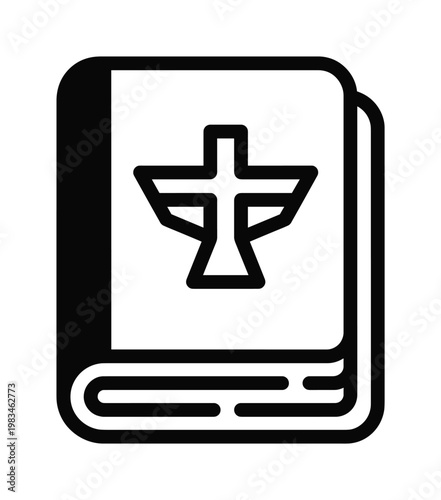 A black and white vector icon depicting a holy book or Bible with a stylized cross and dove symbol on its cover, ideal for spiritual, education, or church design.
