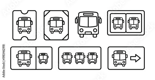 A set of simple black line art bus icons for public transportation, travel, and route planning. Ideal for apps, websites, informational graphics, and UI design.
