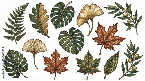 A vibrant collection of autumn leaves and branches with olives, showcasing nature's beauty