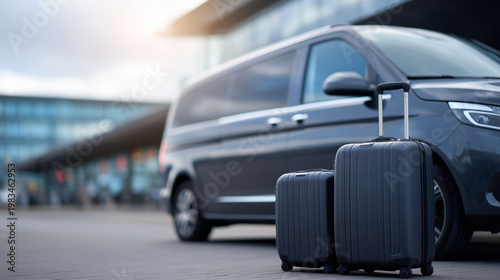 Luggage and a sleek van at an airport terminal, ready for travel, transport and logistics in a modern curbside scene with daylight and urban backdrop